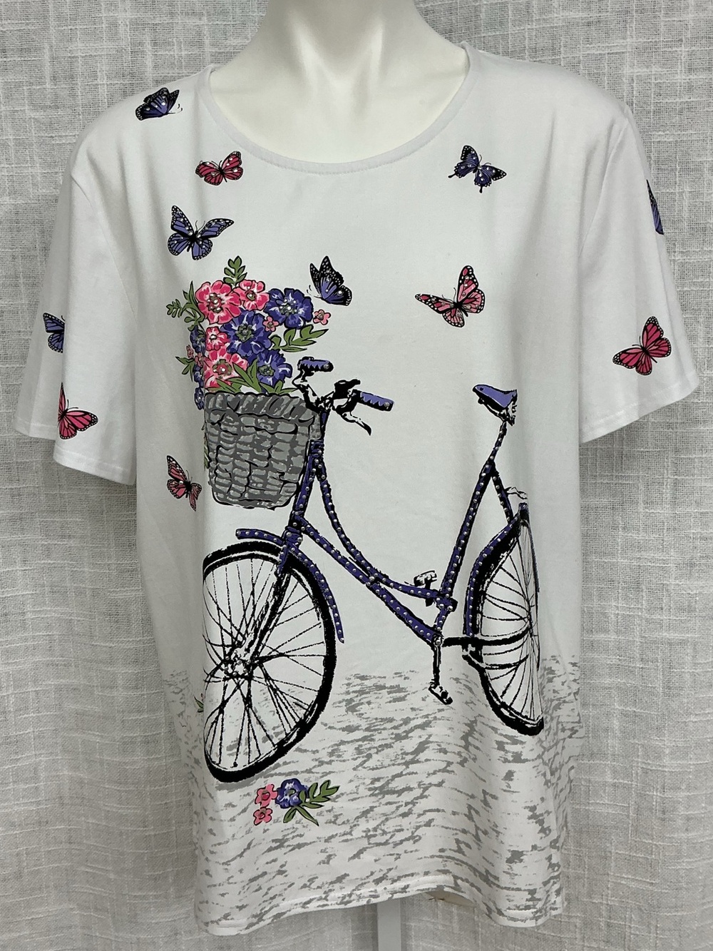 Southern Lady White Bicycle & Butterfly Tee with Pink and Purple Accents